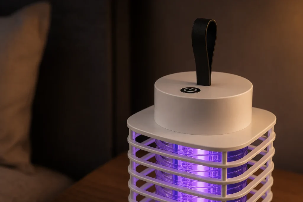 HaloGuard 2-in-1 mosquito trap lamp close-up showing the protective grille and violet glow