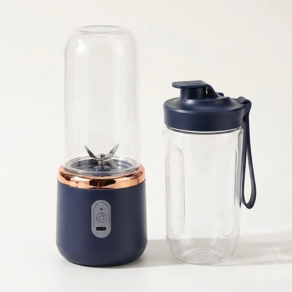 Blauer tragbarer BlendGo Mixer mit zwei transparenten Bechern